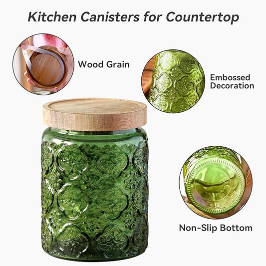 Glass Jar with Lid, Vintage Glass Storage Jars with Airtight Lid Coffee Canister Sugar Container for Kitchen Counter Pantry, Spice, Candy