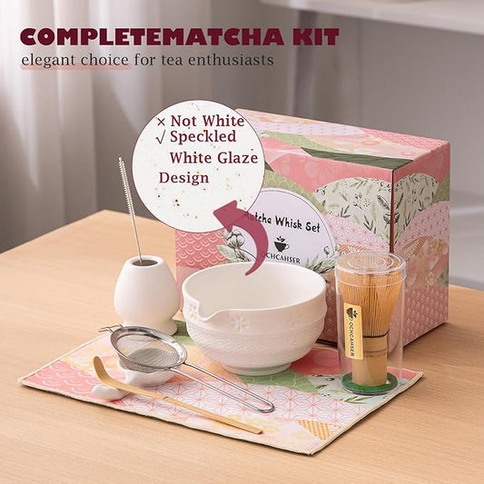 Matcha Tea Set, 8 Pcs Japanese Matcha Kit with Cherry Blossom and Wave Design Ceramic Bowl, Bamboo Whisk, Whisk Holder, Scoop, Sifter, Brush, Matcha Kit Set for Matcha Lovers (Speckled White)