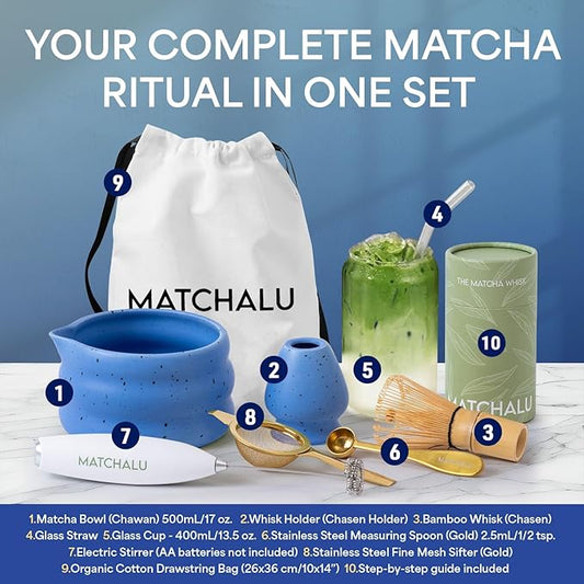 Matcha Whisk Set With Ceramic Matcha Bowl, Bamboo Whisk & Holder, Stainless Steel Spoon & Sifter, Glass Cup & Straw, Electric Frother, Storage Bag - Gift for Matcha Lovers (Premium 9-Piece Set Blue)