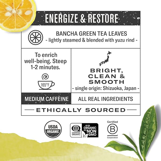 Numi Organic Yuzu Bancha Japanese Green Tea, 48 Green Tea Bags, Micro-Plastic Free