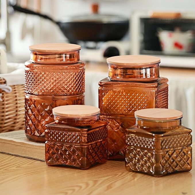 ANSQU Square Glass Jar, 20.3 Fl oz Candy Jar with Lid, Glass Food Storage Containers for Ground Coffee, Tea, Sugar, Decorative Mason Jar