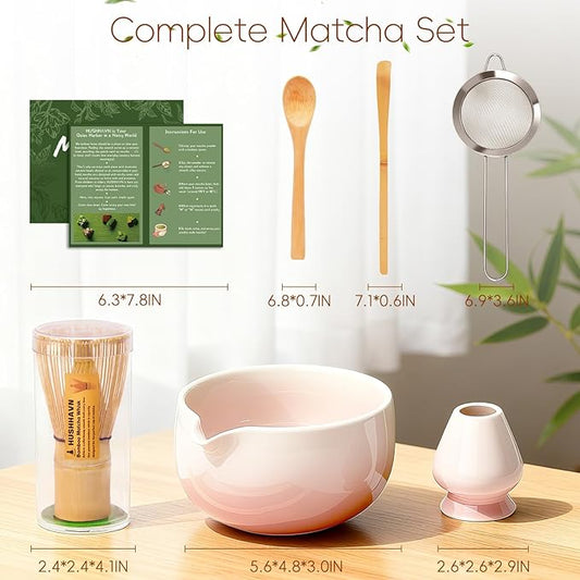Matcha Whisk Set, Ceramic Matcha Set Includes Bowl & Holder, Bamboo Whisk (Chasen), Scoop, Spoon and Sifter