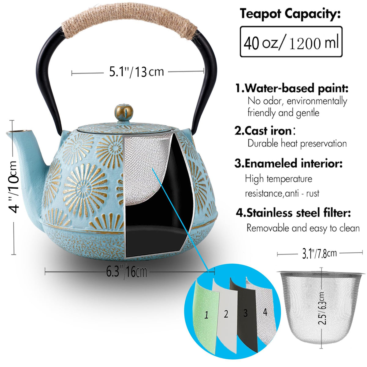 TiwisiTe Cast Iron Teapot 40oz with Infuser (Blue)