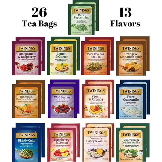 Twinings Herbal Tea Variety Pack - 26 Individually Wrapped Herbal Tea Bags Variety Pack Sampler, 13 Flavors, Caffeine Free (1 Count (Pack of 26))