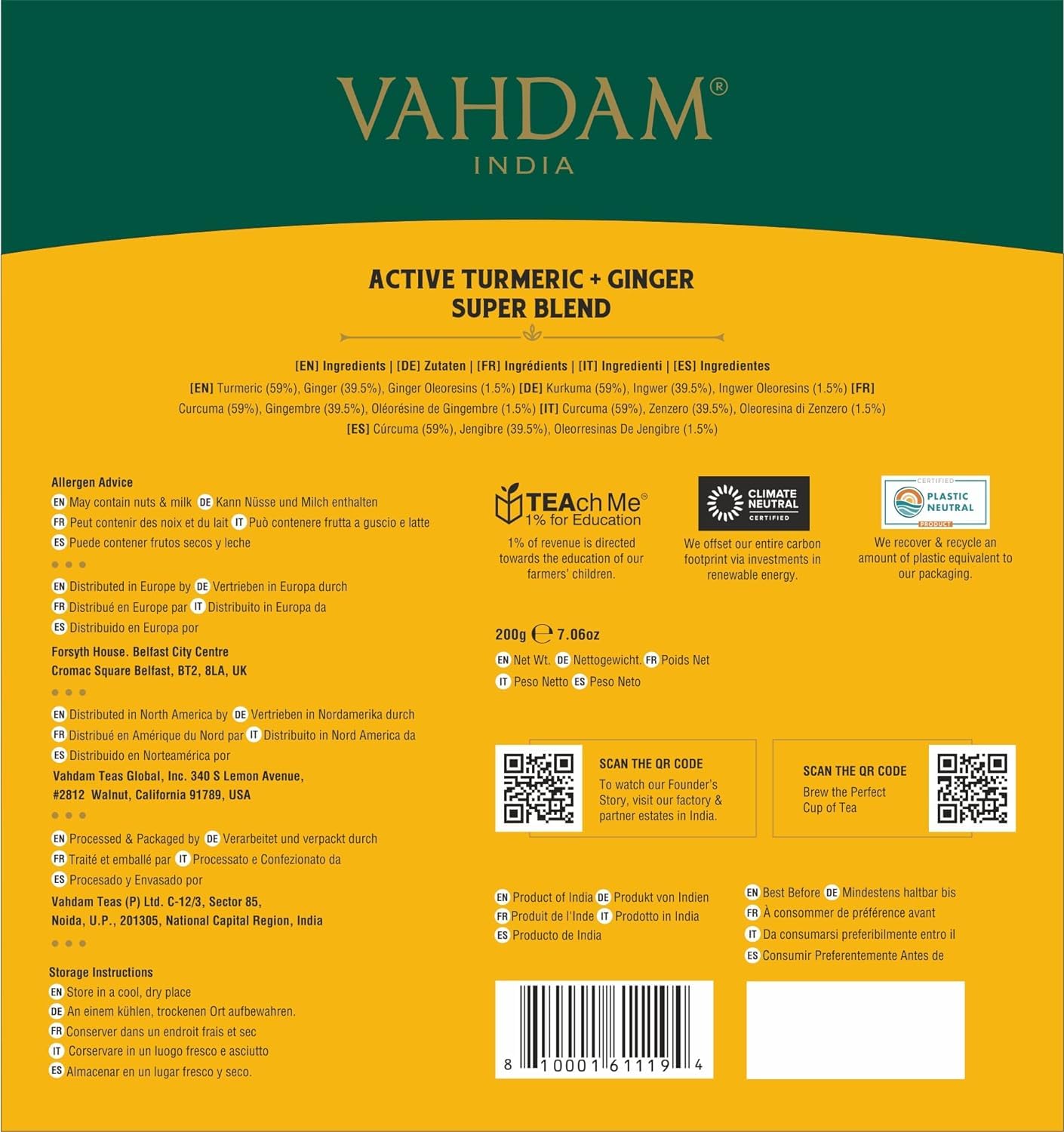 VAHDAM Organic Turmeric Ginger Herbal Tea Bags (100 Pyramid Tea Bags) Caffeine Free, Non GMO | 100% Pure Herbal Blend - Savory & Spicy, Plant-Based Teabags | Resealable Ziplock Pouch