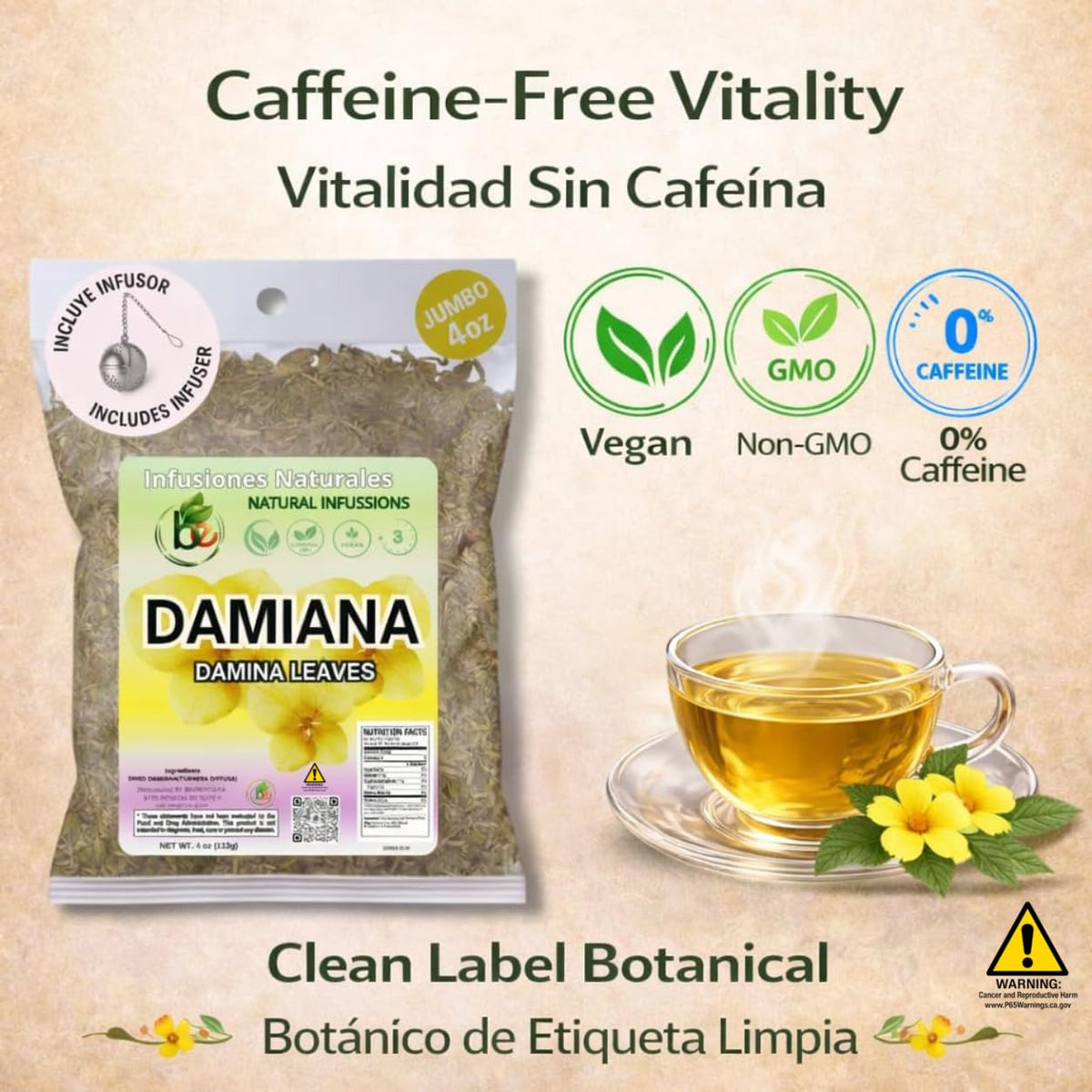 Damiana Leaf Te β 4 oz (113g) Loose Herbal Tea + Stainless Steel Tea Infuser β 100% Natural Turnera diffusa β Authentic