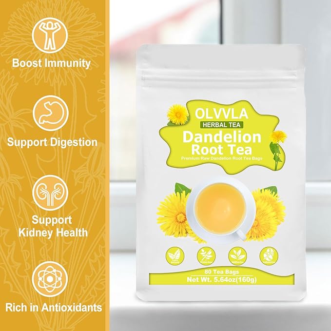 Olvvla - Dandelion Root Tea Bags - 2g X 80 Count - Premium Raw Dandelion Root - Caffeine-free - Non-GMO - Support Digestion & Cleanse