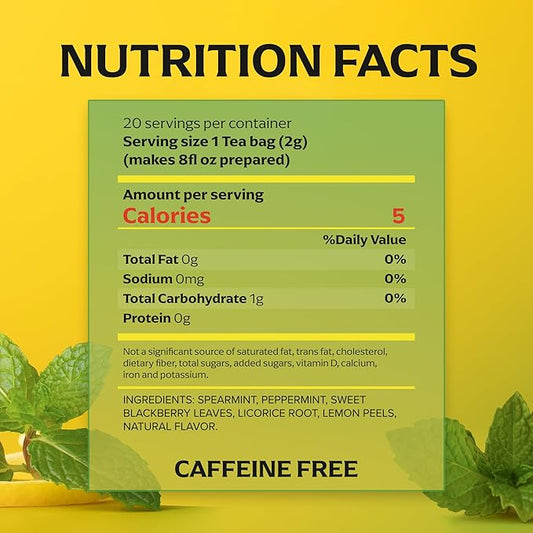 Lipton Smooth Mint with Lemon Peels Tea Bags, caffeine free Tea, Fruit and Herbal Tea, Individually Wrapped, 20 Tea Bags