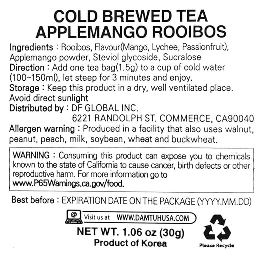 Damtuh Apple Mango Rooibos Cold Brew Tea - Zero Carbs Zero Sugar, Sweet Cold Tea Beverage with Stevia 30g (20 tea bags)