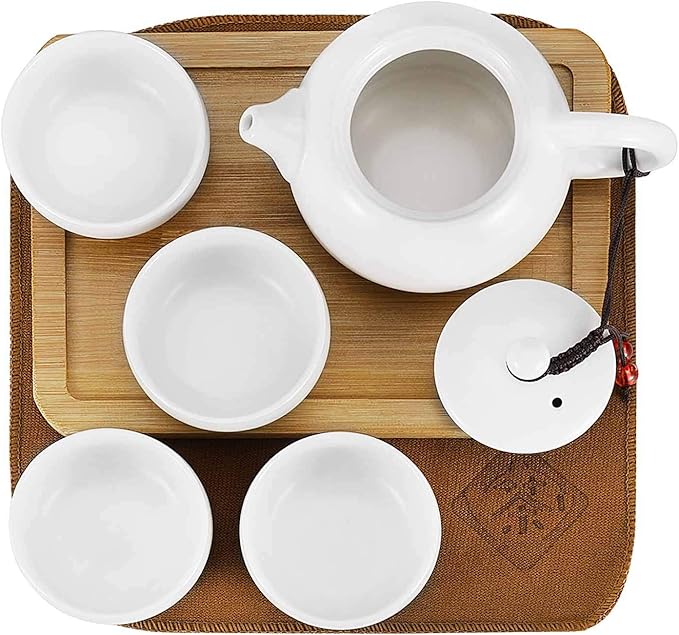 Flexzion Chinese Japanese Vintage Kungfu Gongfu Tea Set Portable Travel Teapot, White Porcelain Porcelain Ceramic Tea Pot, 4 Tea Cup, Bamboo Tea Tray
