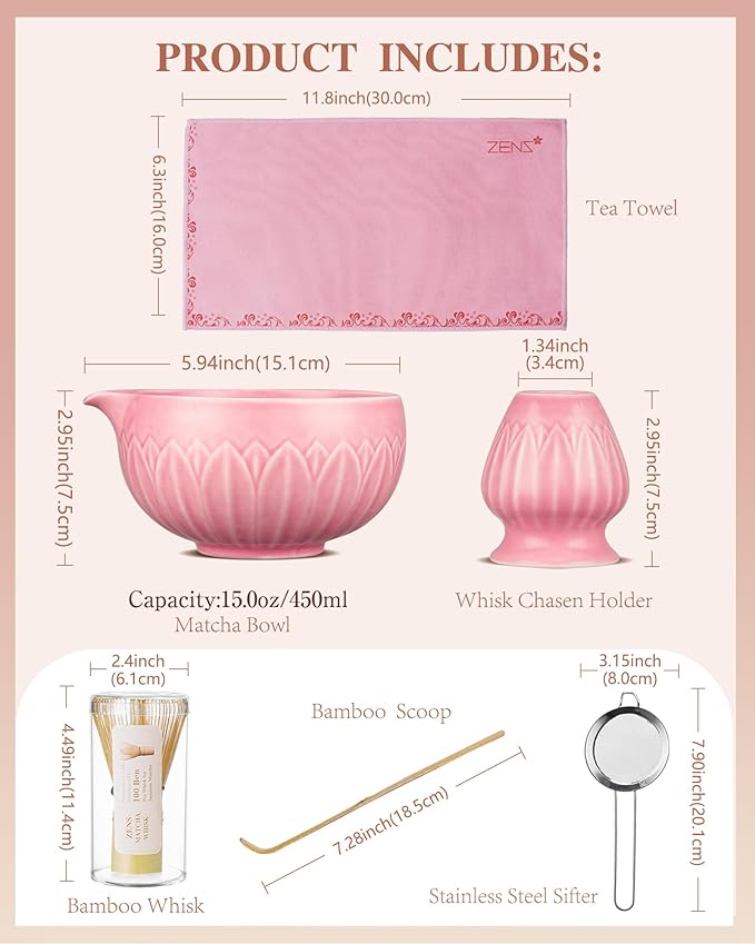 Zens Pink Matcha Kit, 6pcs Matcha Whisk Set Includes 15oz Pink Bowl, Chasen Holder, Bamboo Whisk & Scoop, 304 Sifter & Tea Mat