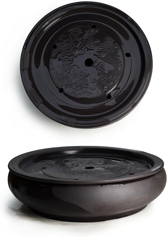 Tray Saucer Mat Kungfu Tea 10inch/26cm Saving Water Classical Charm Dragon Black Clay Decorations (L dragon)