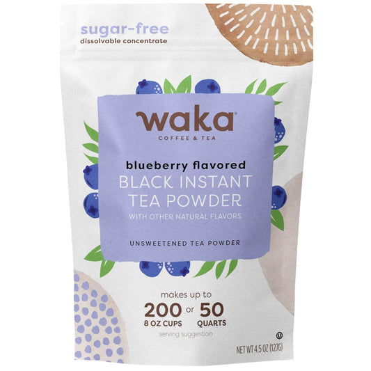 Waka Instant Black Tea Mix, Blueberry Flavored - 100% Tea Leaves, No Additives, Unsweetened Tea Powder for 50 Quarts or 200 Cups – Easy and Quick Hot or Iced Teas (4.5oz)