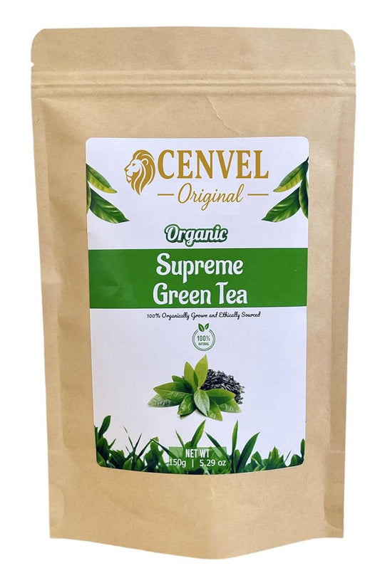 CENVEL® Organic Supreme Loose Green Tea Leaves 5.29 Oz | 100% Pure & Natural Tea | Single Origin | Premium Large-Leaf | Rich in Antioxidants (150g)