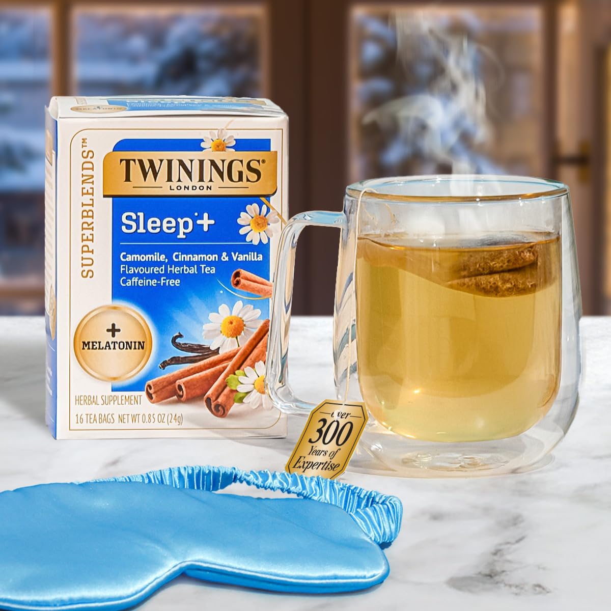 Twinings Sleep+ Camomile with Melatonin Herbal Tea Bags, 16 CT Box (6 Pack) | 1mg Melatonin Added to Camomile, Cinnamon & Vanilla to Make Bedtime Better, Caffeine-Free, 96 Individually Wrapped Tea Bags