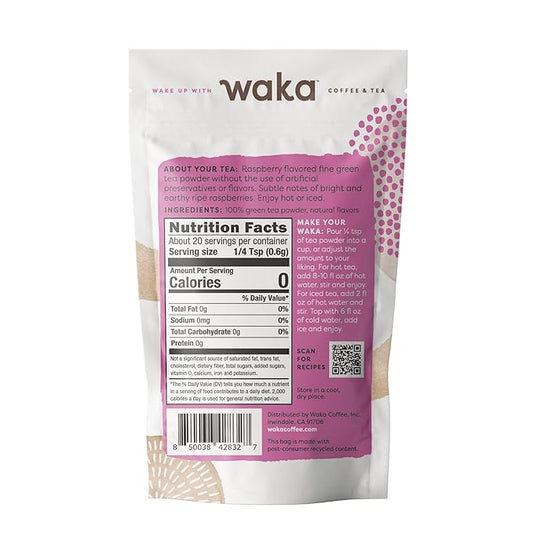 Waka Instant Green Tea Mix, Raspberry Flavored - 100% Tea Leaves, No Additives, Unsweetened Sample/Travel Size Tea Powder - Easy Quick Hot and Iced Teas, Up to 20 Cups or 5 Quarts (.45oz)