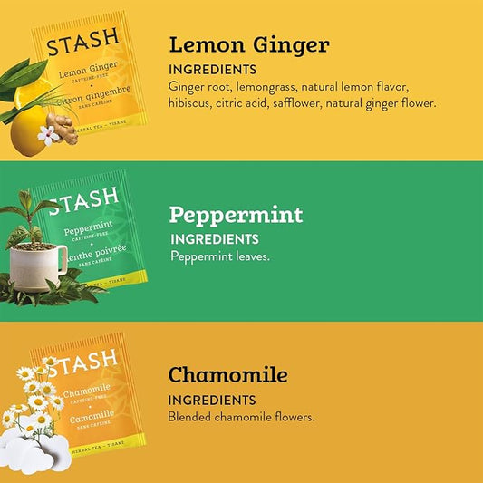 Stash Tea Comfort Classics Herbal Tea Sampler - Assortment of Non-Caffeinated Teas Including Peppermint, Chamomile and Lemon Ginger Teas, 18-20 Count (Pack of 3)