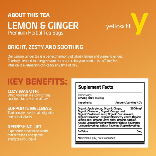 Yellow.fit Ginger Lemon Herbal Tea Bags – 1500mg Loose Leaf Tea Bags, Caffeine-Free Herbal Tea with Ginger Root & Lemon Peel, Plant-Based Tea Bags, 100 Count