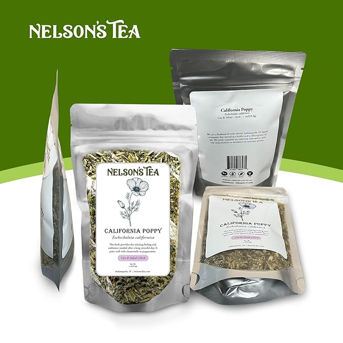 Nelson's Tea - California Poppy Cut & Sifted, Caffeine-Free Loose Leaf Tea Blend, Light Floral, Golden Poppy Flavor for Gentle Peace & Comfort, Mild Herbal Infusion Pairs Well with Mild Herbs - 2oz