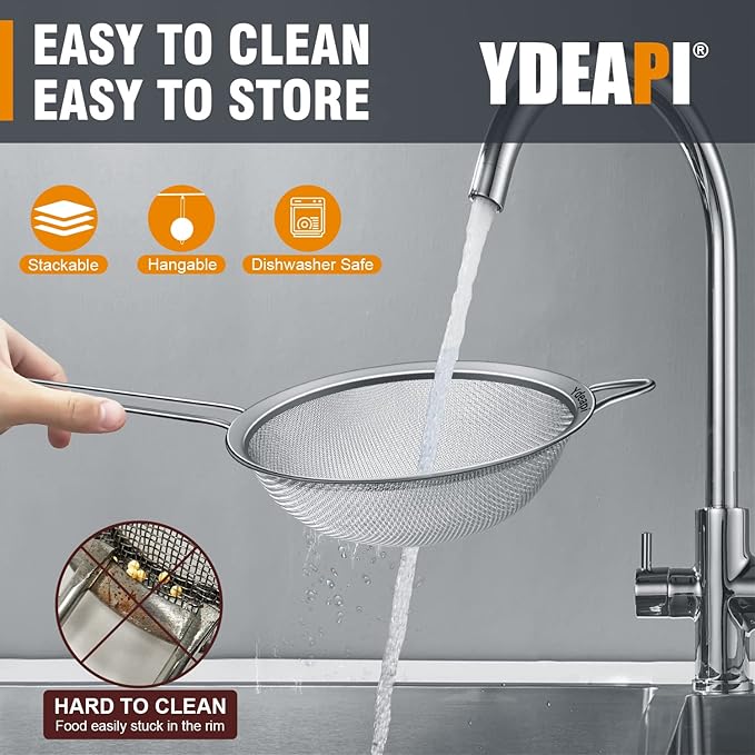 Fine Mesh Strainer, Stainless Steel Strainers with Sturdy Handle, Set of 3 Metal Sieve for Kitchen Food, Rice, Quinoa, Tea - 7", 4.6", 2.7"