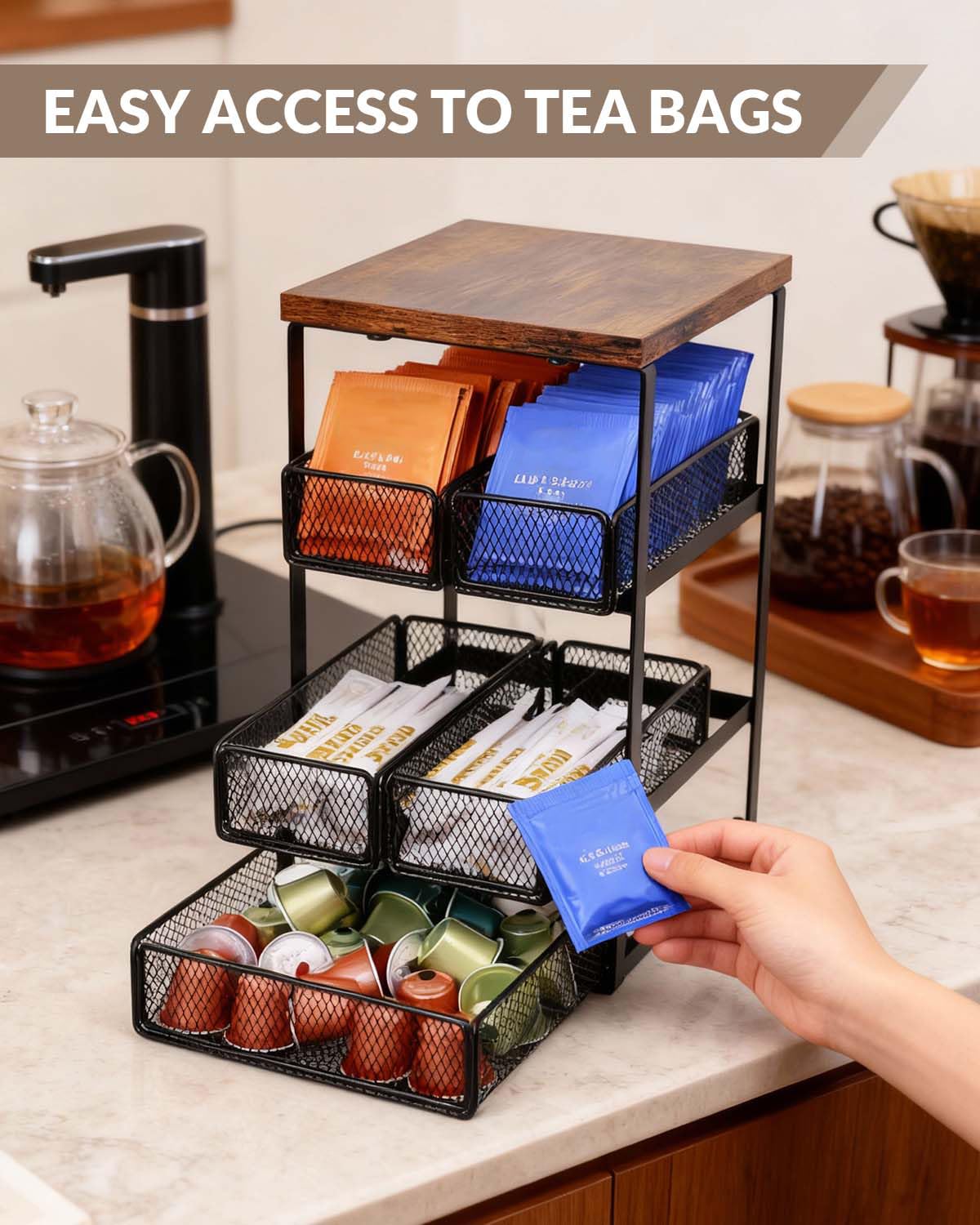 IntreLife Tea Bag Organizer with 5 Drawers, Wooden & Metal Tea Storage Organizer for TeaBags, Coffee Pods, Creamers & Sugar –