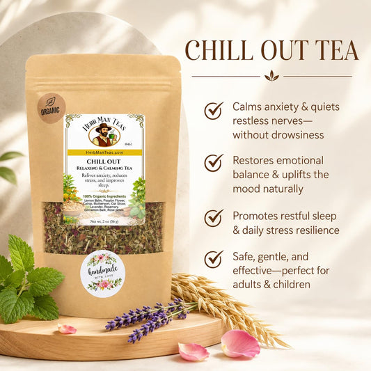 CHILL OUT RELAXING TEA – Calm & Stress Relief Support – Organic Loose Leaf – by Master Herbalist Khabir | Lemon Balm, Passionflower & Lavender | 100% Organic