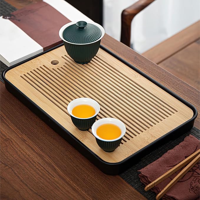 14 Inch Bamboo Chinese Gongfu Tea Tray with Water Storage Drainage, Chinese Gongfu Tea Tray Table Box for Kungfu Tea Set