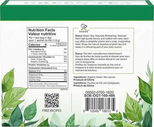 Soeos Organic Green Tea, 100 Tea Bags (Pack of 1), Caffeinated, Low Caffeine, Fresh and Healthy Green Tea, 6.3 Ounce