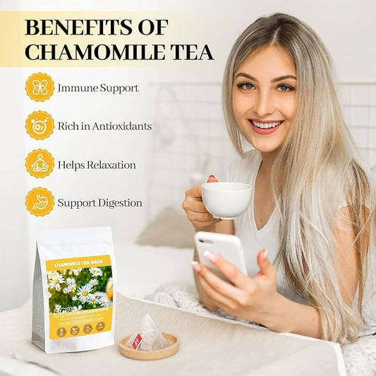 Chamomile Tea Bags, 100% Natural Dried Chamomile Tea Flowers Loose Leaf Premium Herbal Tea No Sugar/Gluten, Caffeine Free-50 Count
