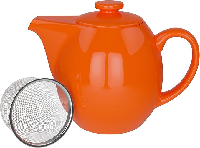 OmniWare 24 Oz Stoneware Teapot with Stainless Steel Mesh Infuser (Orange) - Microwave & Dishwasher