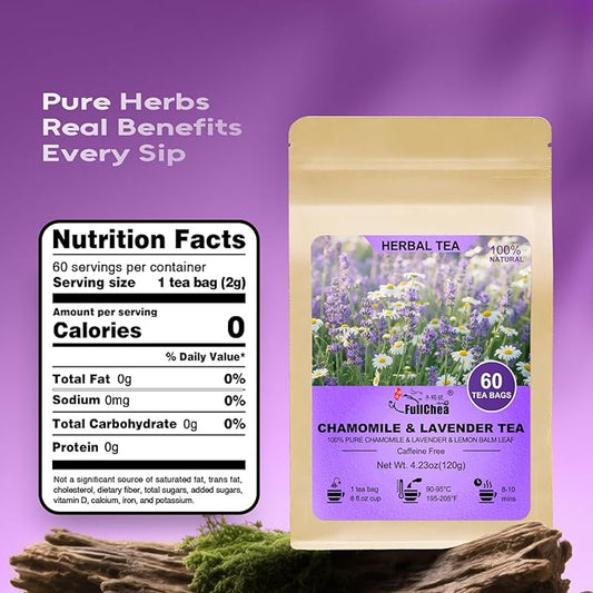 FullChea - Chamomile Lavender Tea Bags for Relaxation & Better Sleep - 60 Count - Caffeine-Free Blend Herbal Tea - Premium Chamomile & Lavender Flowers