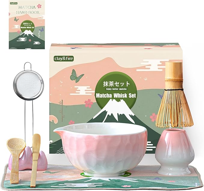 Clay&Fire Matcha Whisk Set, 9 pcs Ceramic Matcha Set, Gifts for Women,Matcha Bowl with Spout and Whisk, Matcha Kit for Matcha Lovers