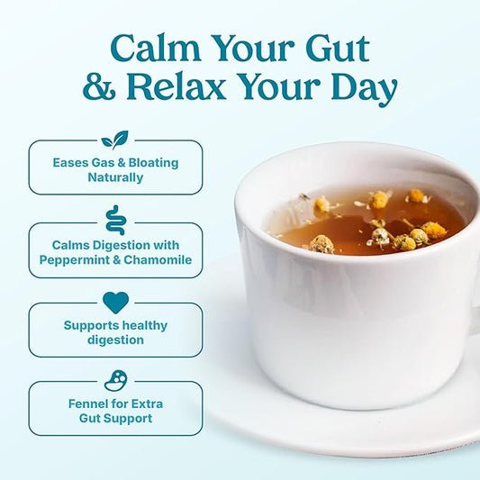 Poop Like A Champion Gas Relief Chamomile Peppermint Tea, 30 Bags, Herbal Tea for Digestion and Bloating, Chamomile Tea Bags with Fennel