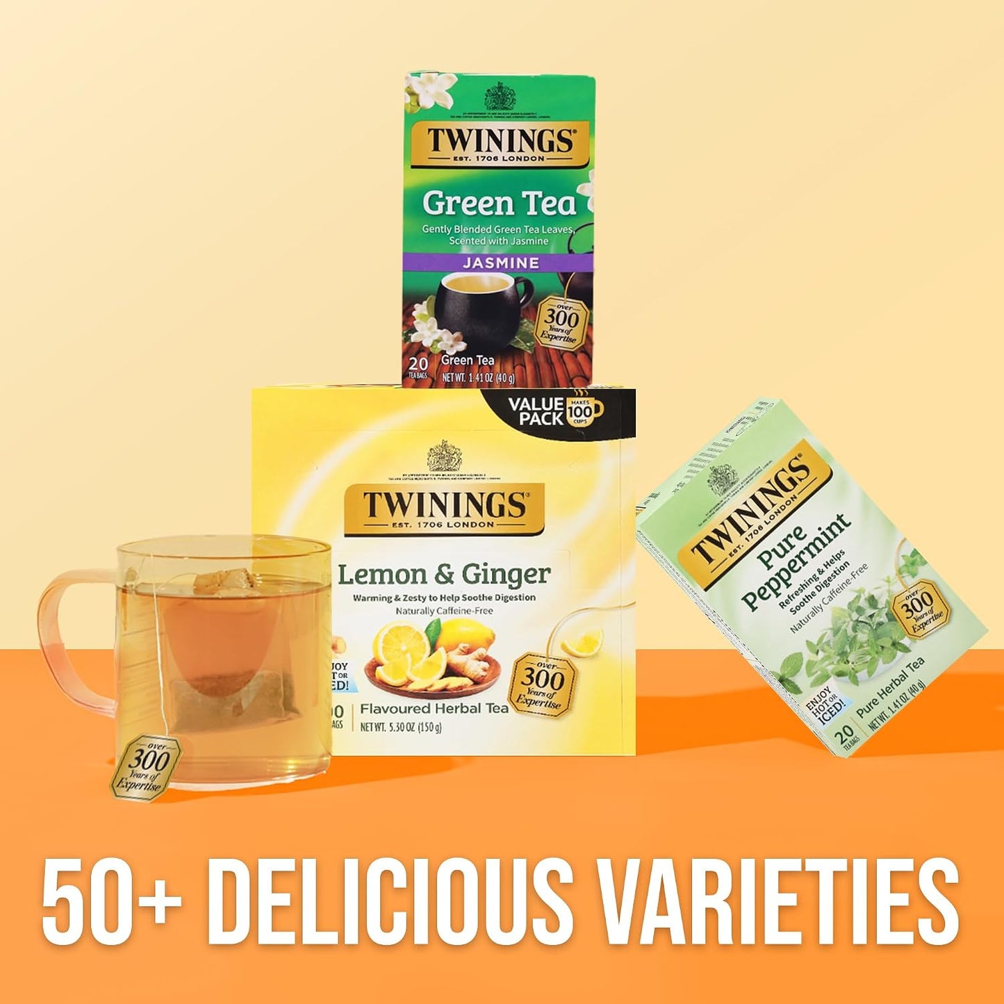 Twinings Lemon & Ginger, Caffeine-Free Herbal Tea Bags, 100 CT Box (1 Pack) | Spicy & Tangy, Ginger, Lemon Peel, Lemongrass, Blackberry Leaves, Soothe Digestion, 100 Foil Lined Individually Wrapped Bags