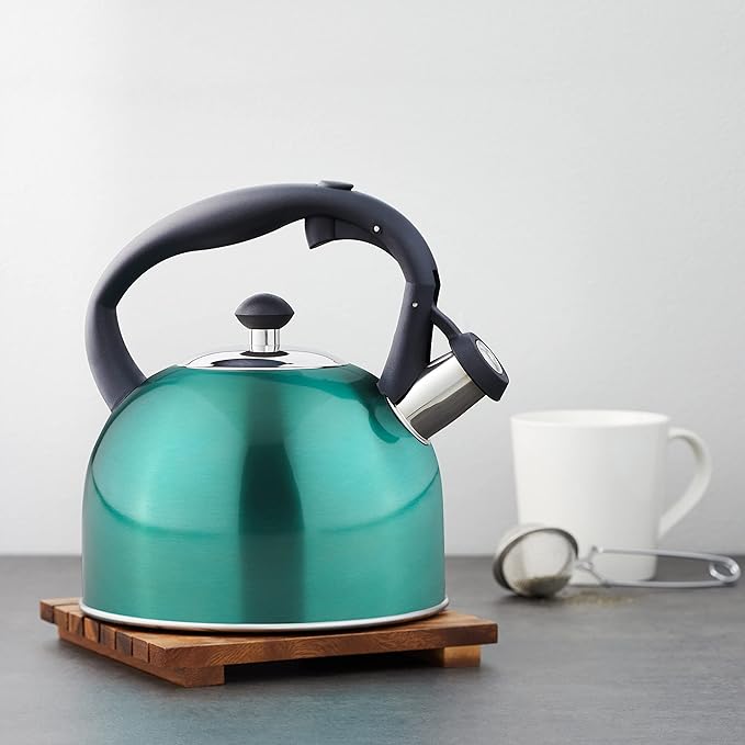 Basics Stainless Steel Tea Kettle, Hot Water Kettle with Whistle Spout, Fast Boiling, Ergonomic Handle, 2.4-Quart, Teal
