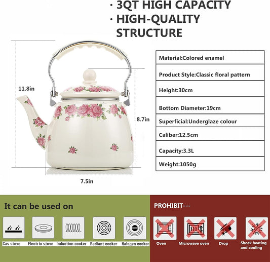 112 oz Floral Tea Kettle Pot for Stove Top, 3.5 QT Enamel Teapot | 3.3 L large teakettle, Porcelain Enameled Teakettle with Stainless Steel Strainer