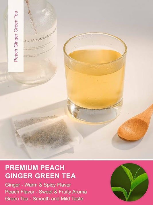 TeeLux Peach Ginger Green Tea, Brisk Green Tea with Spicy Ginger & Aromatic Natural Peach Flavor, Low Caffeine, 100 Count