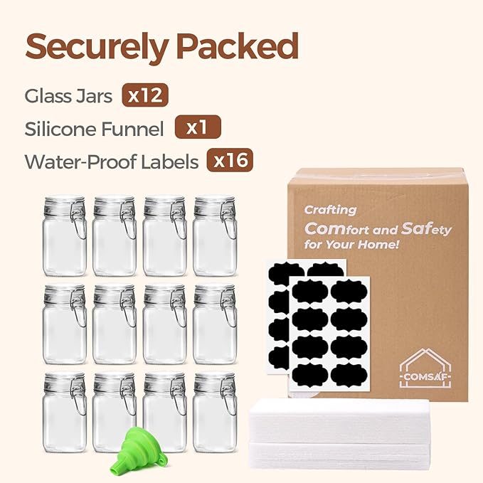 ComSaf Small Glass Jars with Airtight Lid Set of 12, Spice Jars 8 oz, Mason Jar 8 oz, Small Canning Jar, 8oz Jars with Lids for Kitchen, Jam, Jelly, Honey, Dessert, Salad, Shower Wedding Favors