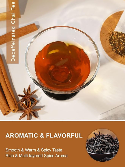 TeeLux Decaf Chai Black Tea, Decaffeinated Black Tea with Cinnamon, Ginger, Cardamom, Star Anise, Robust & Spicy Flavor, 100 Count