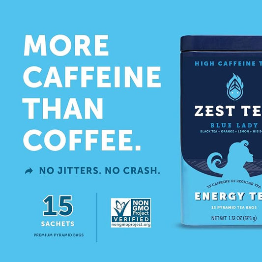 Zest Energy Tea Bags – Blue Lady Passion Fruit Black Tea – High Caffeine Tea for Morning Energy, Focus & Clarity – Natural Caffeinated Tea with 150mg Caffeine – 15Ct Box – Non-GMO & Keto Friendly