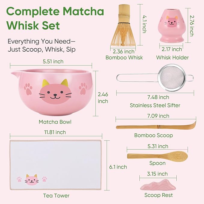 Matcha Whisk Set, 8Pcs Matcha Set for Ceremony, Matcha Whisk and Ceramic Bowl with Matcha Scoop & Sifter and All Accessories for Breakfast