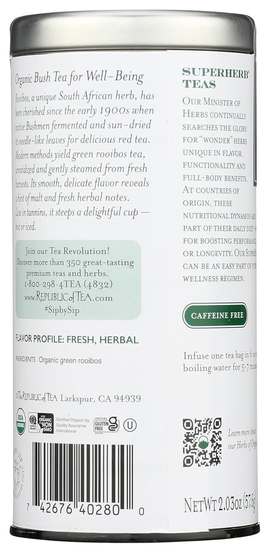 The Republic of Tea SuperHerb South African Green Rooibos Herbal Tea, 36 Ct | Caffeine Free. Suitable for day or evening sipping. Mellow with a rounded finish. USDA Organic and Gluten Free.