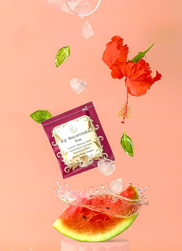 THE VEDAS Icy Watermelon Tea | Herbal Tea with Hibiscus & Sweet Basil - Caffeine Free Herbal Tea - Enjoy Hot or Iced | Biodegradable Cotton Teabags | 40 Tea Bags(Pack of 2)