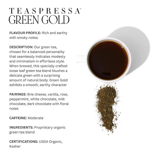 Teaspressa Organic Green Gold Green Tea - Brews Like Espresso - Bold, Rich, Full-Bodied - Naturally Caffeinated - Make Tea Lattes at Home - Vegan & Gluten-Free - Barista Quality - Makes 30 Cups - Great Gift Idea