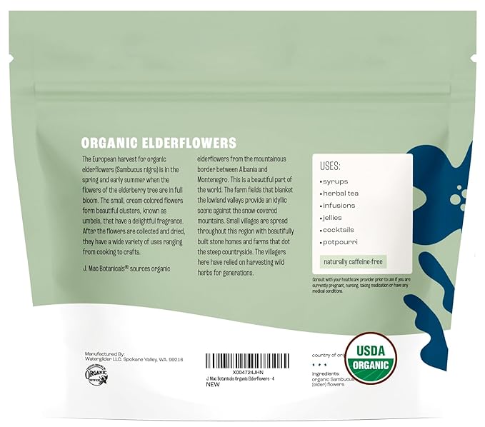 J MAC Botanicals Organic Elderflower, Herbal Tea - 4 Ounces
