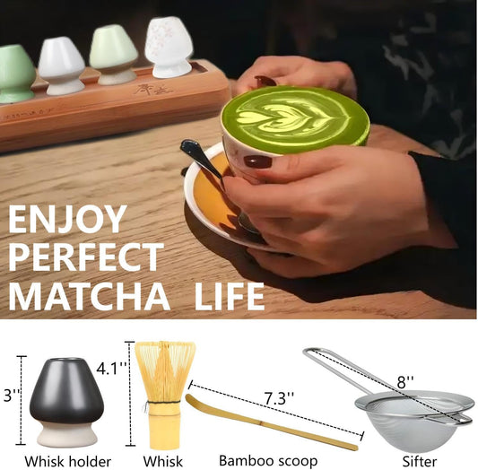 Matcha Tools ,Matcha Whisk Holder, Matcha Chasen Whisk Stand ,Ceramic Holder ,Matcha Bowl ,Traditional Japanese Tea Ceremony Starter (Cyan Ceramic Holder,Whisk , 4 set)