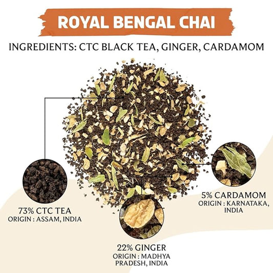 BREWIX, Royal Bengal Masala Chai Tea with Ginger and Cardamom | Loose Leaf CTC TEA (50+ Cups, 3.53oz/100g) Strong Robust & Aromatic, All Natural | Blended with Exotic Spices