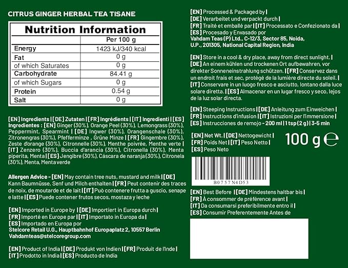 VAHDAM, Citrus Ginger Herbal Tea Tisane (50 Cups, 3.53 oz) Gluten Free, Non GMO | Ginger, Lemongrass, Orange Peels, Mint | Herbal Tea Loose Leaf | Vacuum Sealed Pack