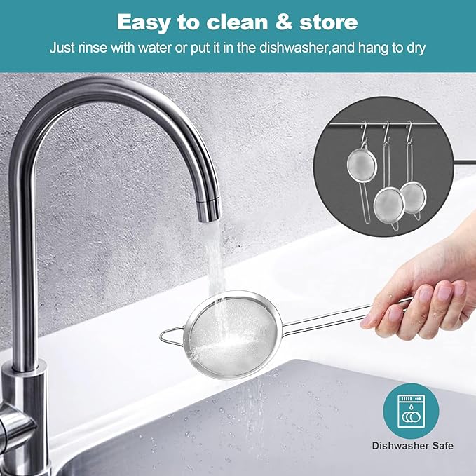 3 Pack Fine Mesh Strainer, Small Stainless Steel Sieves with Handles, for Steeping Loose Leaf Tea, Straining Cocktail, Juice and Sifting Flour