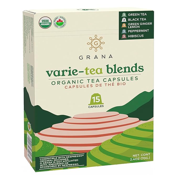 G GRANA Tea Pods, Compatible with Nespresso OriginalLine, 15 Count, Variety Pack of Green Tea, Black Tea, Green Ginger Lemon, Peppermint, and Hibiscus Teas, USDA Organic, Single Serve Capsules